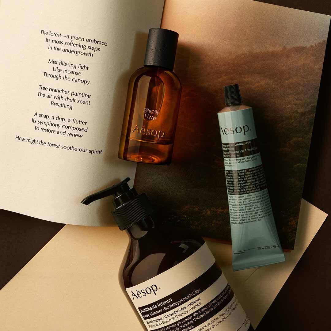 Aesop Silently Hwyl bottle with pump bottle and blue tube arranged on papers with a landscape image.